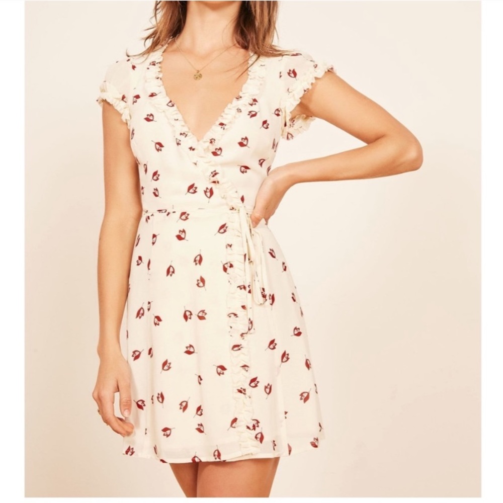 Reformation Garnet Florentine Mini Wrap Dress
